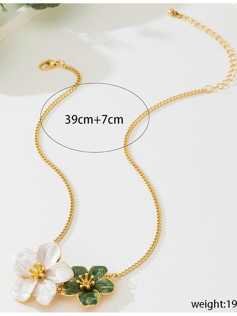 Gold Floral Pendant Necklace with White and Green Blooms - Picture 3 of 4